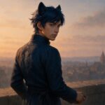 高台の城壁に立ち、遠くを見つめるライオン耳の青年。その背中と振り返る眼差しには、語られない問いと沈黙の誓いが宿っている。 A lion-eared young man stands atop a stone terrace, his back turned as he looks into the distance. His gaze carries a silent question, his posture wrapped in unspoken resolve.