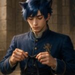 石造りの静かな空間で、ライオン耳の青年が腰のリボンを丁寧に結ぶ姿。言葉ではなく、所作に宿る誇りを描写。 In a quiet stone hall, a lion-eared young man ties a ribbon at his waist with deliberate care. His calm gesture speaks of pride not shown, but lived.