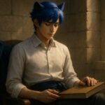 石造りの部屋で、本を閉じたまま静かに座るライオン耳の青年。その眼差しに、読み終えた言葉の余韻と誇りが灯っている。 In a stone chamber, a lion-eared young man sits in silence with a closed book on his lap. His calm expression reflects the quiet pride carried from what he just read.