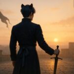 城門の前、朝日を背に立つライオン耳の青年。静かに剣を握りしめた背中には、語られずとも刻まれた誓いが宿る。 At the gate of the castle, a lion-eared young man stands facing the dawn. With a sword in hand and his back to the viewer, his silent vow is etched into his stance.