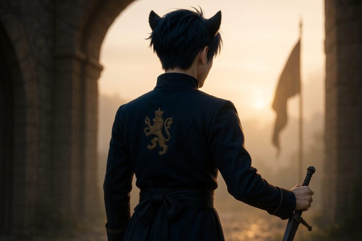 朝焼けの城門前に立つライオン耳の青年。振り返らずに立つその背に、導く者としての誓いが刻まれている。 A lion-eared young man stands at the castle gate in the light of dawn. His silent back, straight and unwavering, speaks of a vow carried without words.