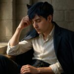 石造りの室内で、肩に上着をかけたまま静かに目を伏せるライオン耳の青年。疲れを語らず、沈黙の中で誓いを灯し続ける姿。 In a stone room, a lion-eared young man rests in silence, his jacket draped over his shoulders. Eyes lowered, he carries both fatigue and vow without a word.