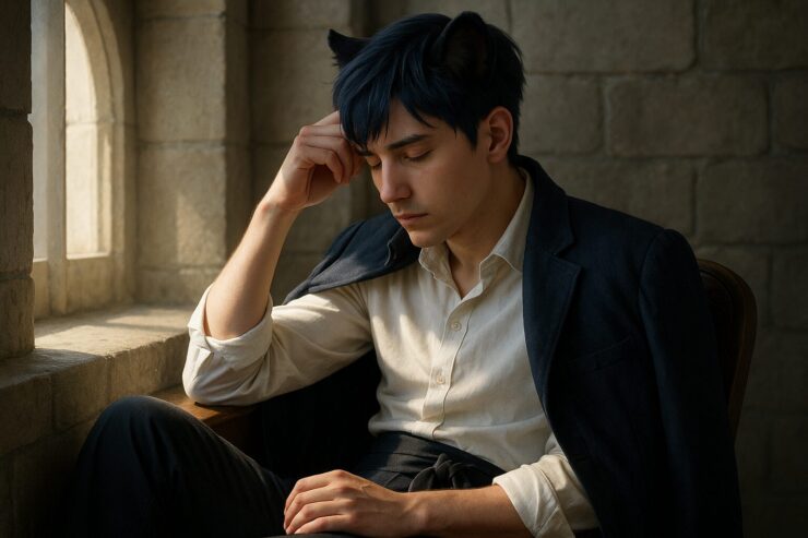 石造りの室内で、肩に上着をかけたまま静かに目を伏せるライオン耳の青年。疲れを語らず、沈黙の中で誓いを灯し続ける姿。 In a stone room, a lion-eared young man rests in silence, his jacket draped over his shoulders. Eyes lowered, he carries both fatigue and vow without a word.