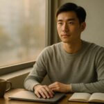 朝の静かな窓辺でノートPCを閉じ、決意を宿した表情で未来を見つめる若い男性。灰色ニットと柔らかな朝日が、自責思考を身につけて前へ進む落ち着いた雰囲気を表現している。 A calm young man sitting by a morning-lit window, gently closing his laptop with a quiet, determined expression. The soft rim light and minimal grey knit symbolize the confidence and agency gained through a self-responsibility mindset.