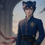 静かな王の立ち姿。夜明け前の薄明が髪と肩を縁取り、紋章入りロイヤルジャケットが風にわずかに揺れる。瞳はまっすぐ前を見据え、静かな覚悟を宿す。 A young lion-king stands at dawn light, rim light tracing his blue hair and royal jacket as his calm gaze holds quiet resolve.