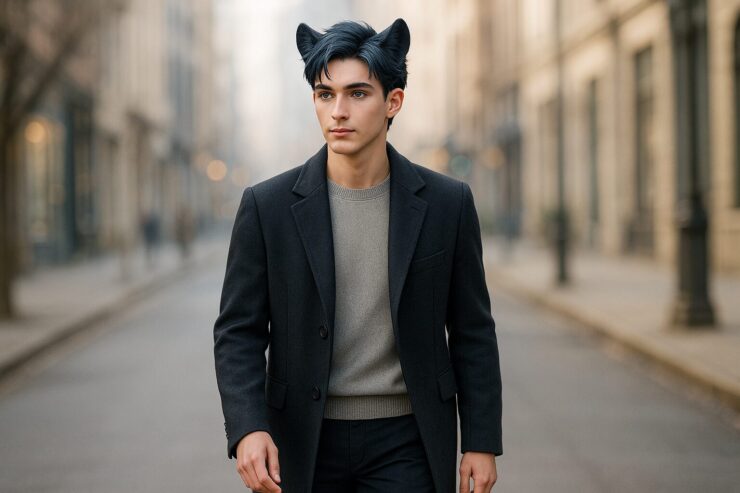 私服姿で街を歩くキング。落ち着いた表情で前を見据え、穏やかな余裕と理性を感じさせる横顔。運のいい恋愛を引き寄せる機嫌管理を象徴するビジュアル。 King walking through the city in casual clothes, calm and composed. His quiet confidence and emotional stability symbolize how emotional self-management attracts healthy and fortunate relationships.