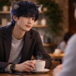 カフェのテーブルで湯気の立つコーヒーカップを手に、会話相手を静かに見つめる若い男性。青みのある髪と獣耳が特徴で、ダークジャケットの私服姿。背景は柔らかいボケの店内。A young man at a cafe table holds a steaming coffee cup while calmly listening to someone. He has blue-toned hair and animal-like ears, wearing a dark casual jacket. The cafe interior is softly blurred in the background.
