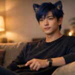 運のいい恋愛を引き寄せる青年王が、夜のリビングで恋愛映画を静かに見つめている横長ポートレート。整った黒髪と端正な横顔、落ち着いた私服と画面の柔らかな光が、A型らしい几帳面さと穏やかな優しさを感じさせる。 / A young East Asian man with a calm, kinglike presence watches a romance movie in a dim living room. His neat black hair, tidy casual outfit, and the gentle glow of the screen suggest an A-type, quietly considerate personality and a sense of emotional stability in love.