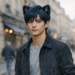 欧州の石畳の通りを歩く、ライオン耳の青年。濃紺の短髪と同系色の耳、落ち着いた表情、私服のジャケットが静かな余裕を映す。A young man with lion ears walks along a European street, navy hair and matching ears, calm gaze, casual jacket in soft daylight.