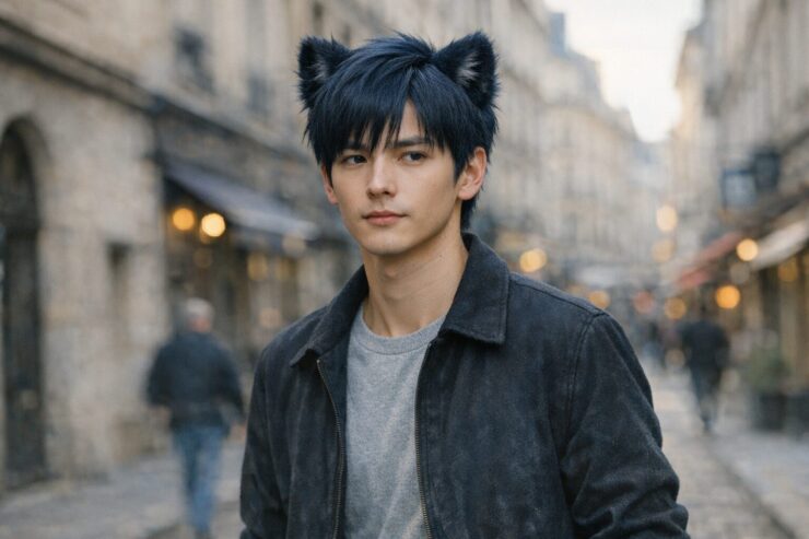 欧州の石畳の通りを歩く、ライオン耳の青年。濃紺の短髪と同系色の耳、落ち着いた表情、私服のジャケットが静かな余裕を映す。A young man with lion ears walks along a European street, navy hair and matching ears, calm gaze, casual jacket in soft daylight.
