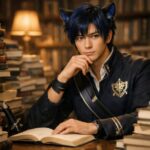 本棚いっぱいの哲学書を前に静かに座るライオン耳の青年キング ロイヤルブルーの短髪と深い青い瞳で本の山を見つめながら最初の哲学入門書を選ぼうとしている 横長ポートレート Horizontal portrait of King a young lion eared man with royal blue short hair and deep blue eyes sitting in front of towering stacks of philosophy books calmly studying the spines as if choosing beginner friendly titles