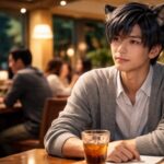 若い男性のキングがファミレスのテーブル席でドリンクを片手にカップルたちを静かに観察している横長ポートレート。柔らかな店内照明の中で、人のせいにしない恋愛観や人間観察のまなざしを象徴する落ち着いた表情。 A young man called King sits at a family restaurant table, quietly watching couples around him with a calm, thoughtful gaze. Warm indoor lights, casual clothes, and a relaxed pose express his reflective view on relationships and not blaming others.