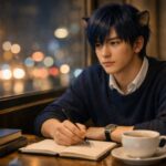 運のいい恋愛を語る記事用の横長ポートレート。夜の窓辺で街の灯りを見下ろしながら、失恋を静かに受け止めている若い男性が、次の一歩を考えるようなまなざしで遠くを見つめている。 A cinematic wide portrait for an article about turning heartbreak into growth. A young man stands by a night city window, softly lit by blurred city lights, quietly processing a breakup and reflecting on the next step in his life.