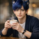 カフェの窓際でコーヒーを飲む、ライオン耳の青年キング。ロイヤルブルーの短髪に黒い差し色、深い青い瞳。静かな余韻のポートレート。 A young man with lion ears, King, drinking coffee by a cafe window. Royal blue short hair with black streaks, deep blue eyes, calm portrait mood.